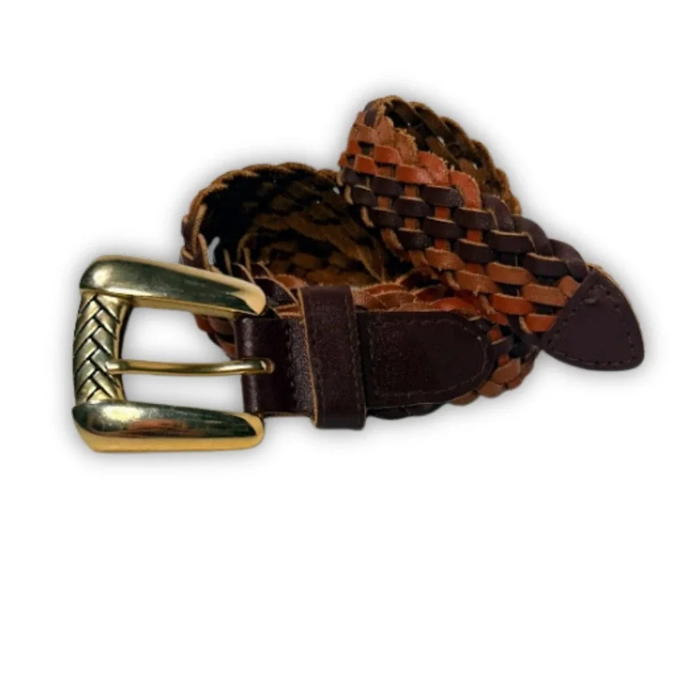 Chic Vintage Mens Braided Leather Belt Brown Gold Etched Buckle‎ Size Large Prep